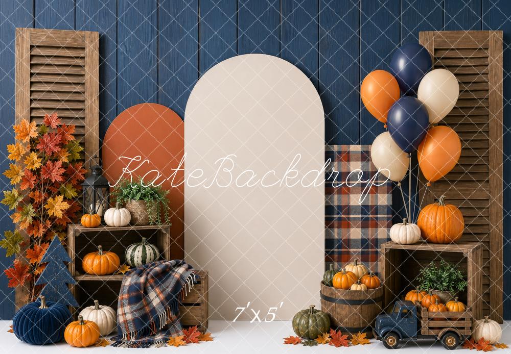 Kate Fall Cake Smash Blue Plaid Pumpkin Balloon Arch Truck Printed Backdrop Designed by Shutter Swan Studios