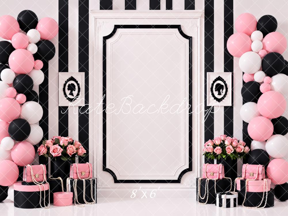 Kate Birthday Luxury Pink Black White Balloons Striped Wall Flowers Gifts Printed Backdrop Designed by Shutter Swan Studios