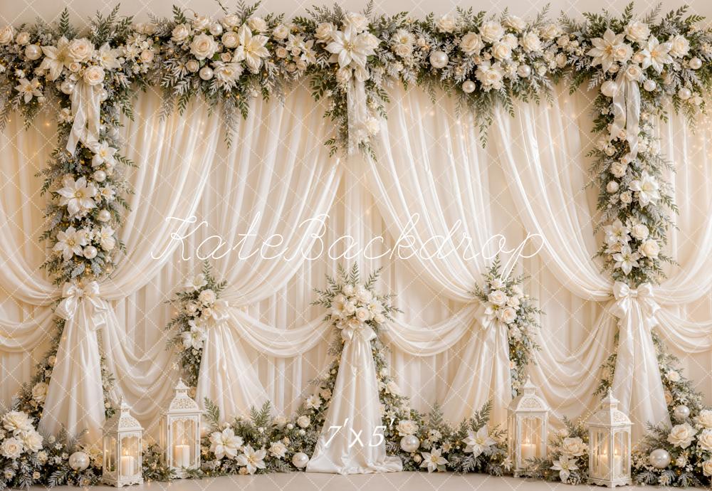 Kate Elegant Drapes Romantic White Flower Arch Lanterns Printed Backdrop Designed by Emetselch