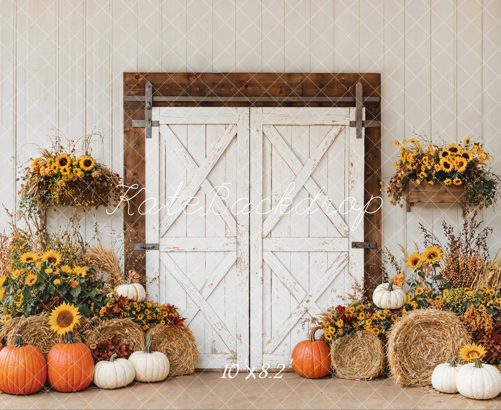 Kate Fall Barn Door Sunflower Harvest Pumpkins Backdrop Designed by Emetselch