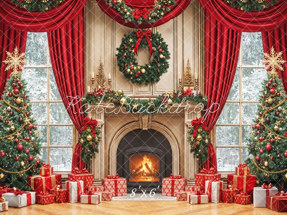Kate Christmas Tree Fireplace Gift Red Curtains Backdrop Designed by Emetselch