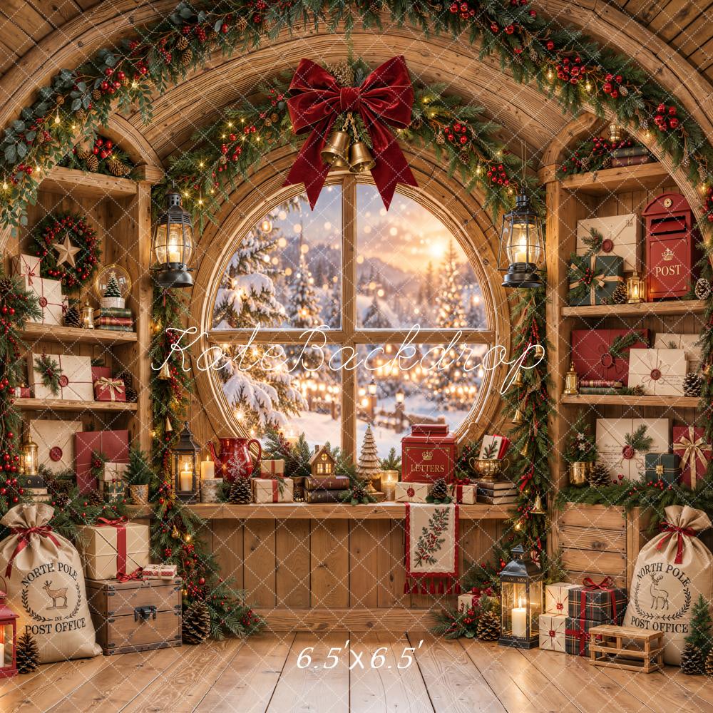 Lightning Deal Kate Christmas Rustic Workshop Gifts Circle Arched Window Bow Printed Backdrop Designed by Emetselch