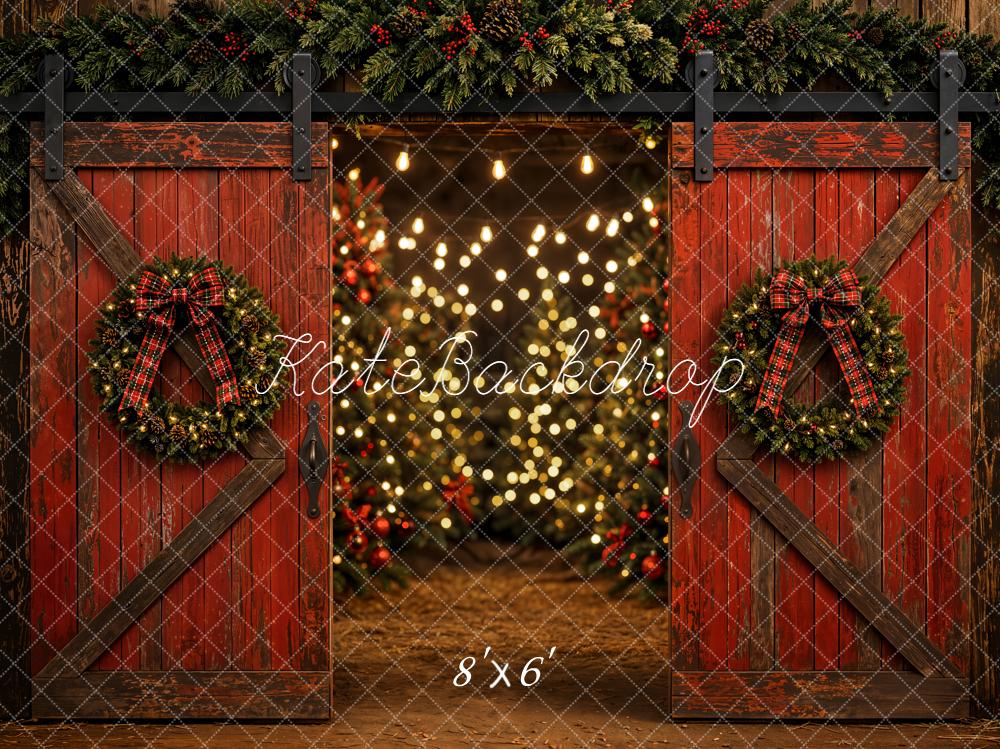 Kate Christmas Red Barn Doors Wreath Bokeh Lights Printed Backdrop Designed by Emetselch