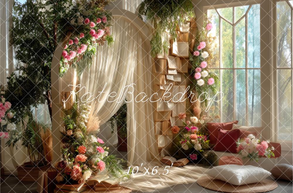 Arcos de flores con cortinas libros ventana acogedora fondo de luz