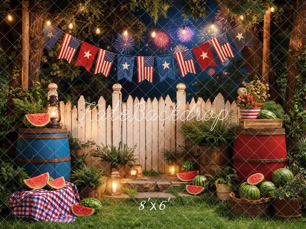 Kate Independence Day Picnic Watermelon Fireworks Printed Backdrop Designed by Emetselch