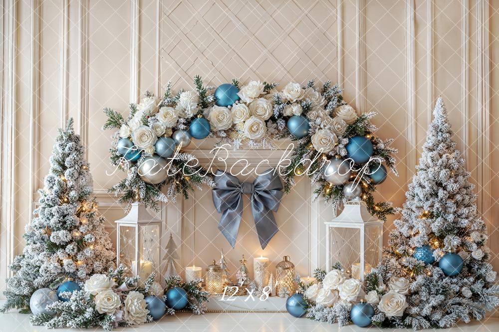 Kate Christmas Fireplace Flower Snowy Trees Bow Backdrop Designed by Emetselch