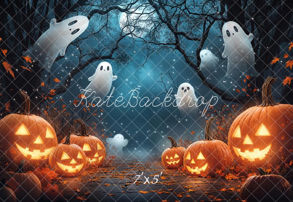 Kate Halloween Pumpkins Ghosts Moonlit Forest Backdrop Designed by Chain Photography