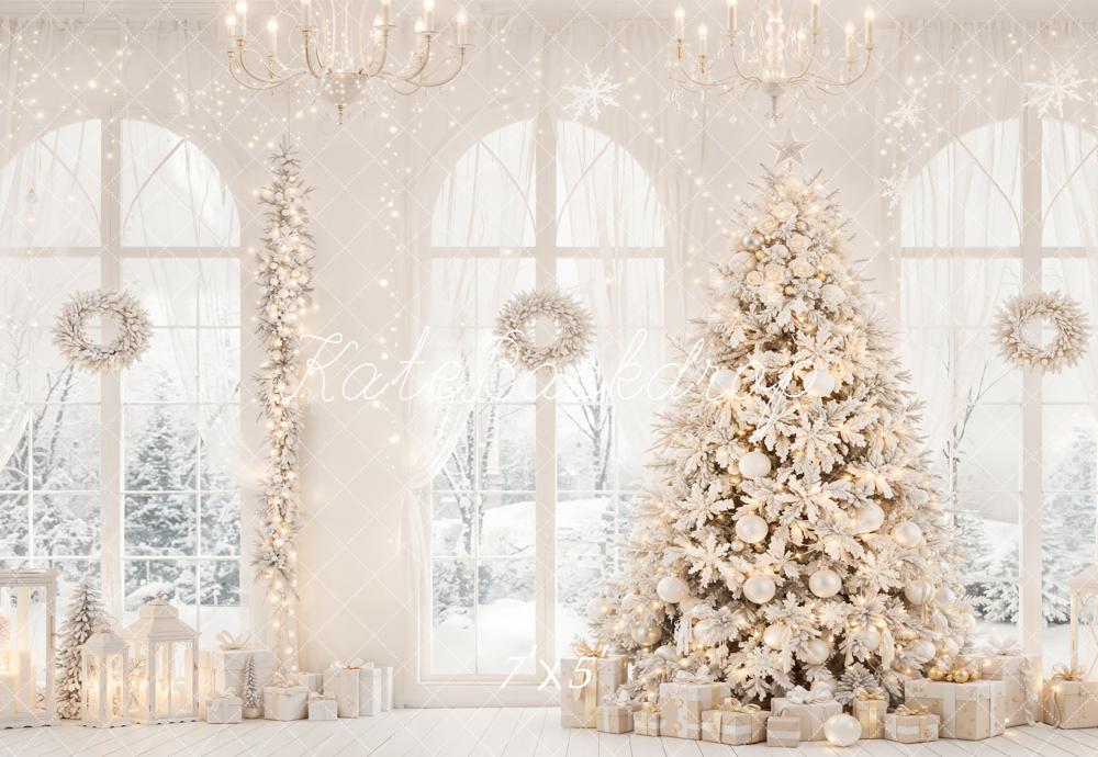 Kate White Christmas Tree Gifts Windows Wreath Lantern Printed Backdrop Designed by Emetselch