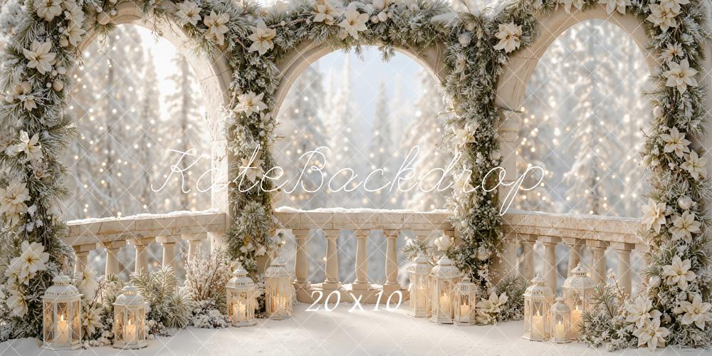 Kate Christmas Balcony Snowy Floral Arch Lanterns Printed Backdrop Designed by Emetselch