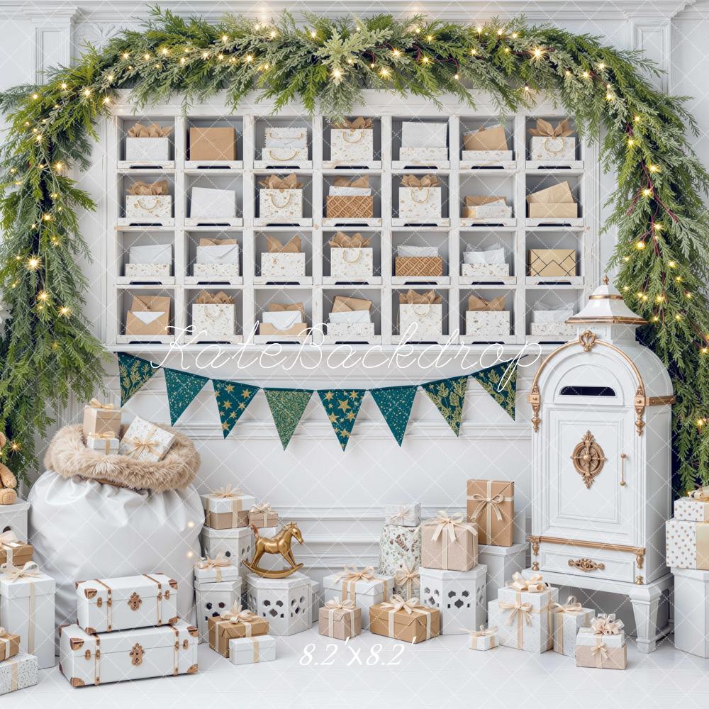 Kate Christmas White Interior Mailbox Evergreen Garland Gift Printed Backdrop Designed by Mini MakeBelieve