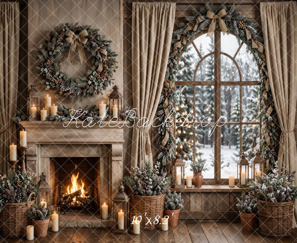 Kate Christmas Rustic Fireplace Window Wreath Printed Backdrop Designed by Emetselch