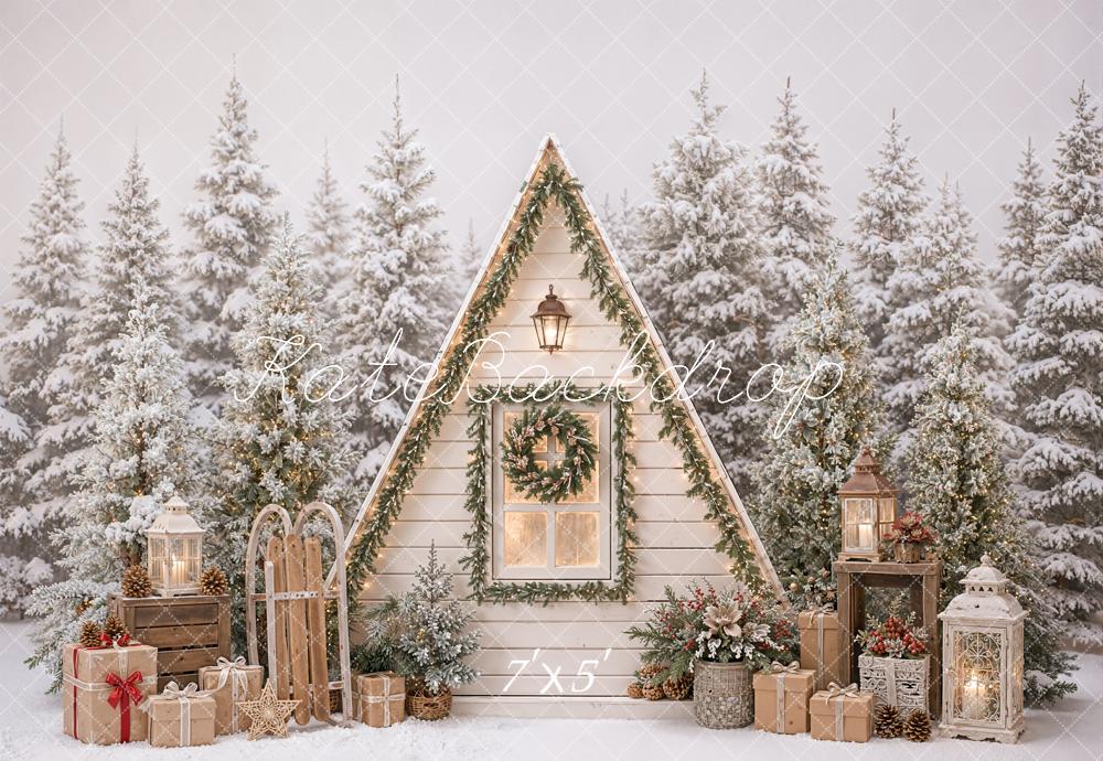 Kate Christmas Rustic Cabin Snowy Trees Lanterns Gifts Printed Backdrop Designed by Emetselch