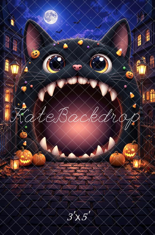 Kate Halloween Trunk or Treat Black Cat Haunted House Cobblestone Printed Backdrop Designed by Mini MakeBelieve