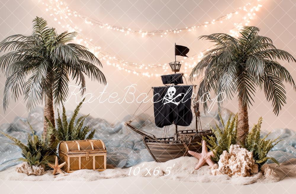 Kate Summer Pirate Ship Palm Trees Treasure Chest Starfish Sand Printed Backdrop Designed by Angela Miller