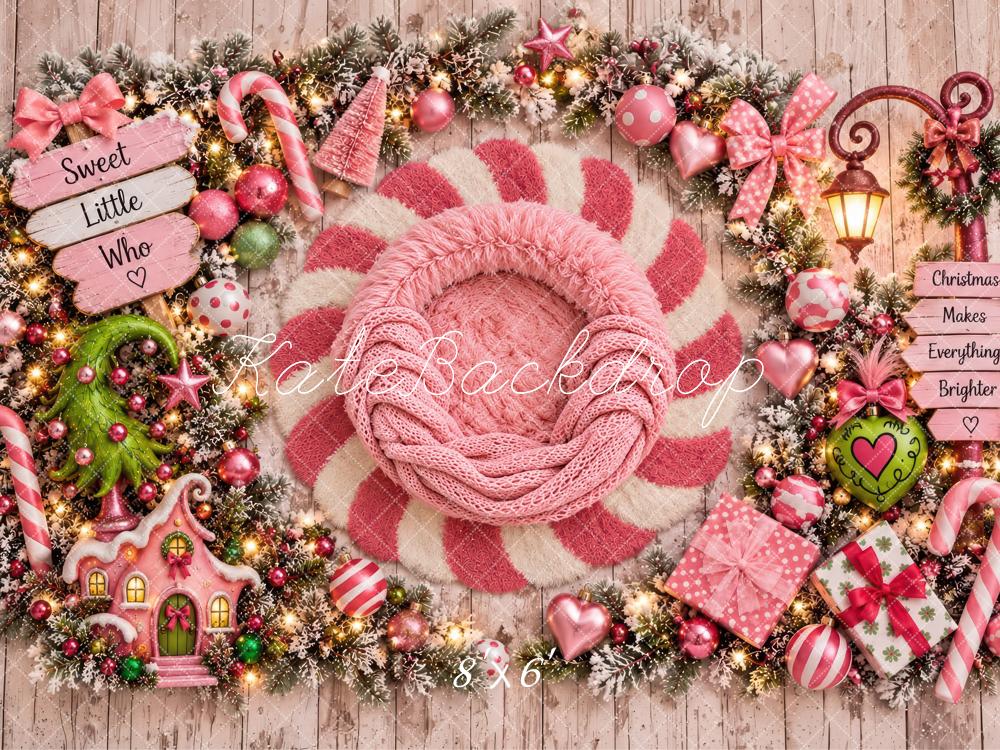 Kate Christmas Newborn Sweet Little Girly Who Pink Candy Cane Printed Backdrop Designed by Laura Bybee
