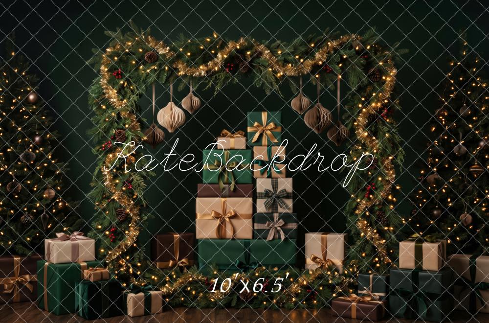 Kate Christmas Garland Arch Gift Boxes Emerald Printed Backdrop Designed by Patty Roberts