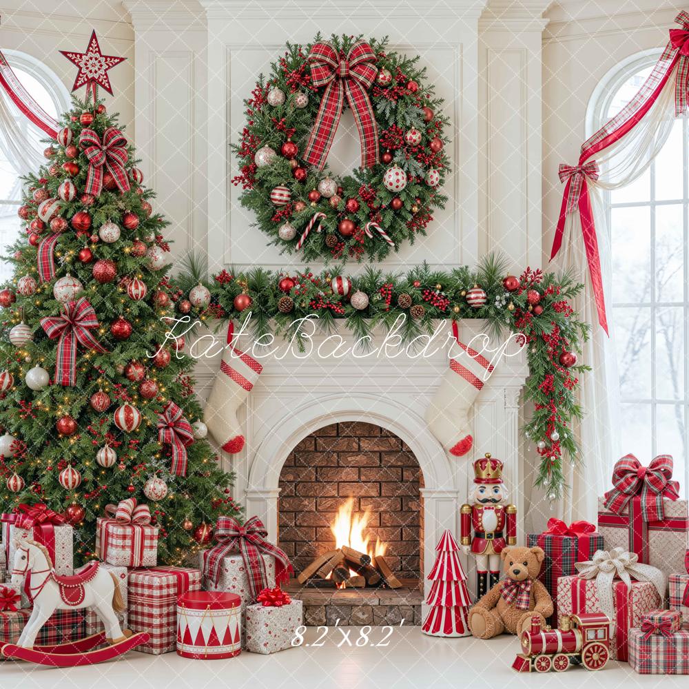 Kate Christmas Fireplace Tree Red Plaid Arched Window Wreath Printed Backdrop Designed by Mini MakeBelieve