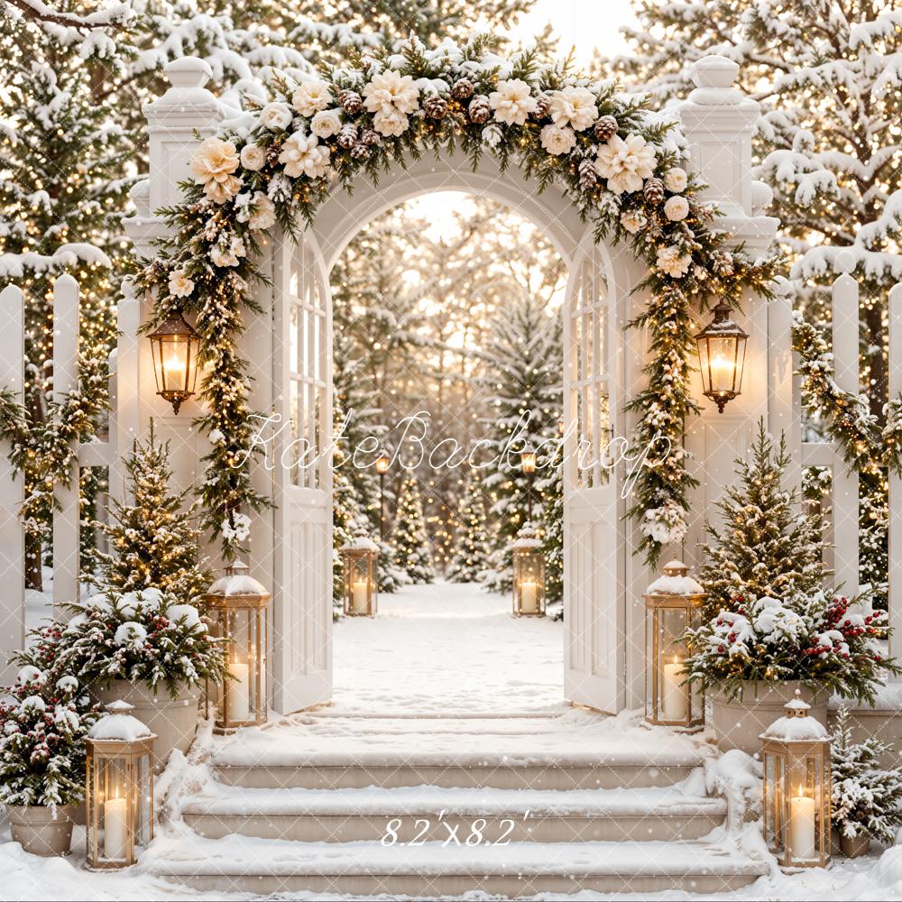 Kate Christmas Winter Flower Arch Gate Snowy Stairs Garden Fence Printed Backdrop Designed by Emetselch