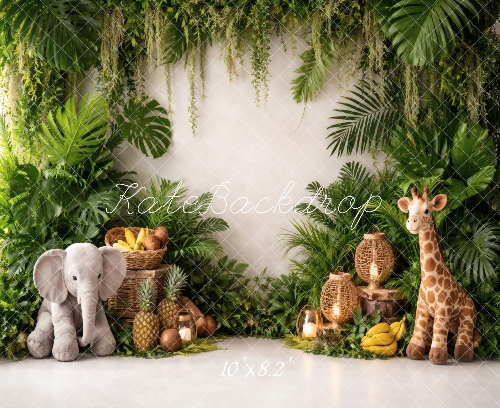 Kate Jungle Greenery Elephant Giraffe Plush Fruit Printed Backdrop Designed by Vertigo Productions