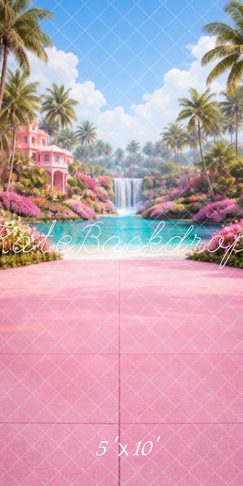 Kate Sweep Tropical Pink Mansion Garden Waterfall Pathway Printed Backdrop Designed by Vertigo Productions