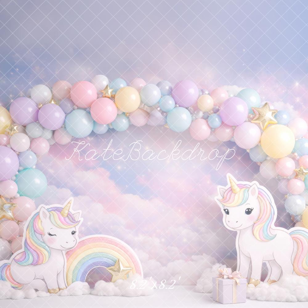 Kate Cake Smash Unicorn Rainbow Pastel Balloon Arch Clouds Backdrop Designed by Megan Leigh Photography