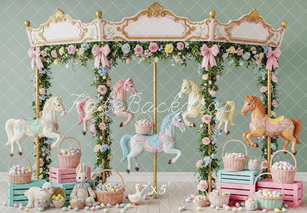 Kate Easter Carousel Bunny Pastel Eggs Floral Garland Printed Backdrop Designed by Patty Roberts
