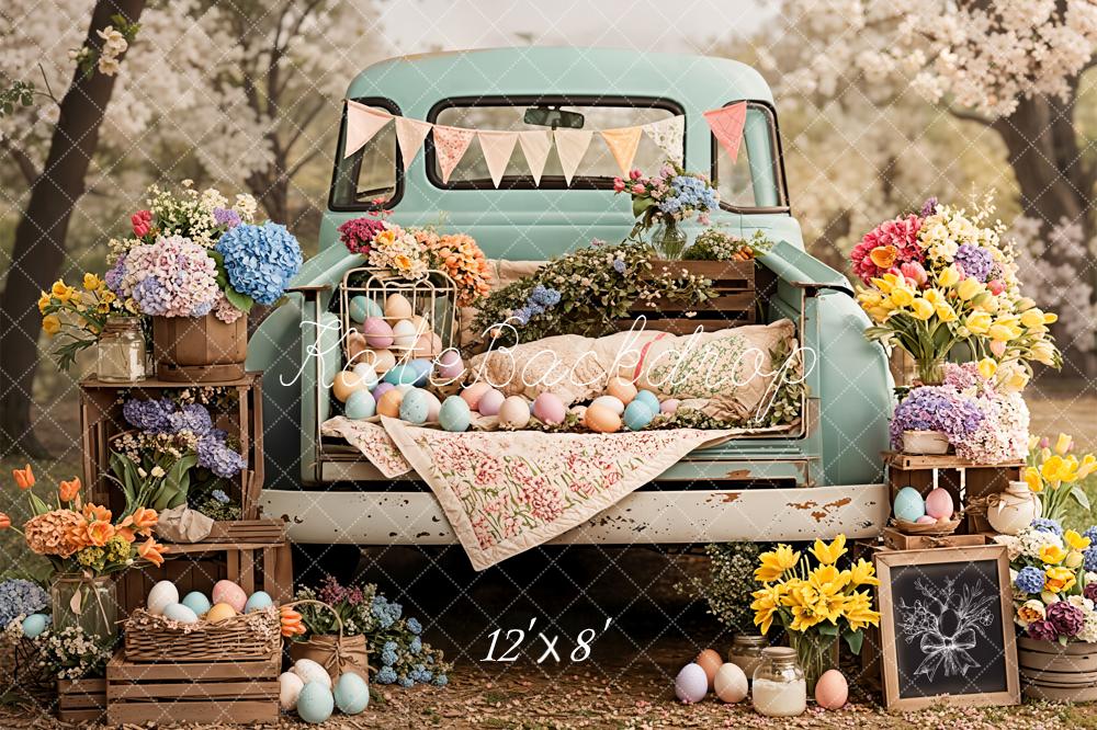 Kate Easter Spring Truck Pastel Eggs Flowers Printed Backdrop Designed by Emetselch