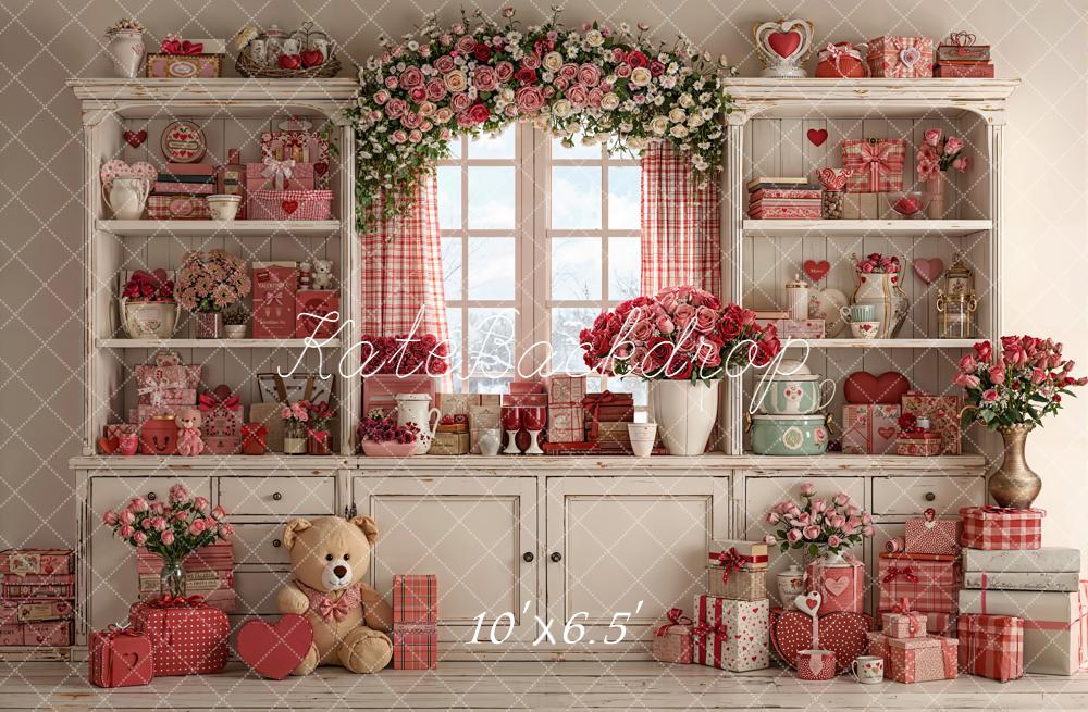 Kate Valentine's Day White Shelf Red Gift Flowers Window Backdrop Designed by Emetselch
