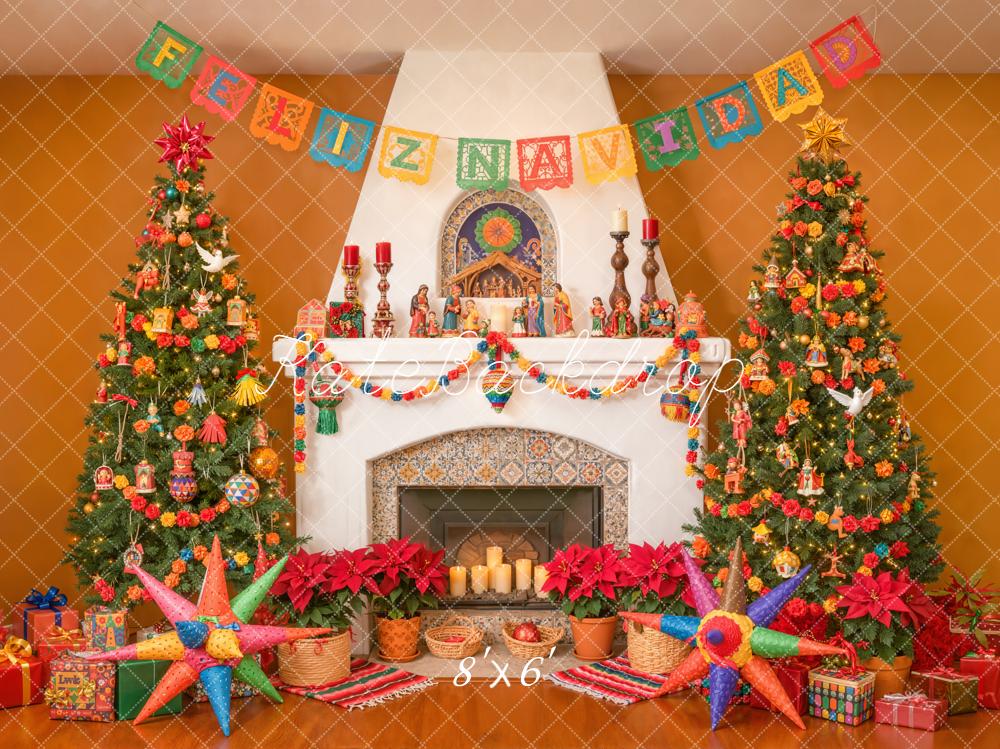 Kate Christmas Mexican Navidad Fireplace Trees Piñata Gifts Backdrop Designed by Emetselch