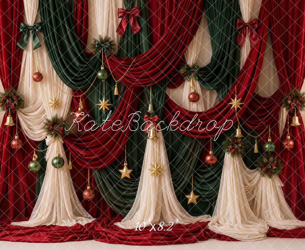 Kate Christmas Red Green Draped Curtains Ornaments Printed Backdrop Designed by Emetselch