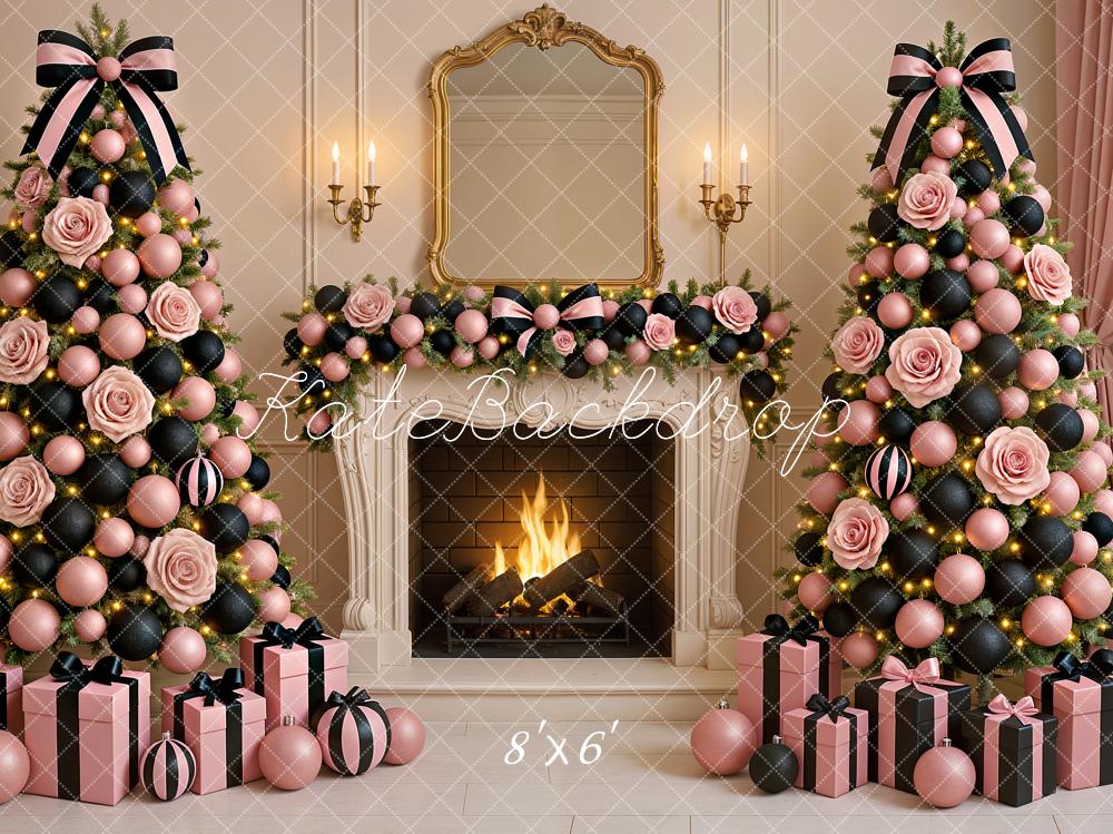 Kate Christmas Tree Pink Rose Fireplace Garland Printed Backdrop Designed by Ashley Paul