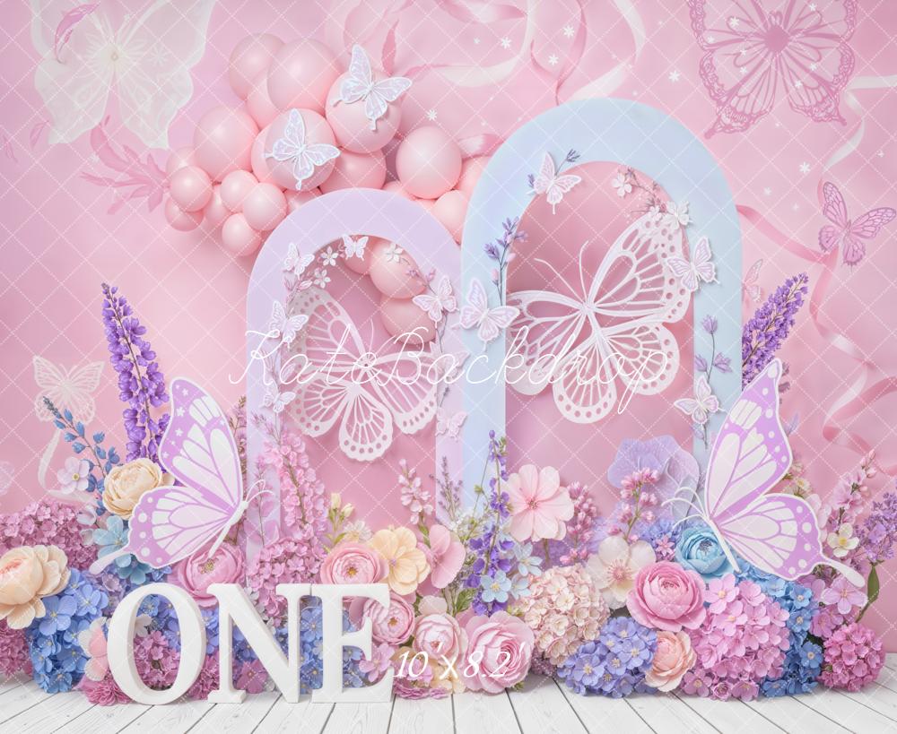 Kate Cake Smash Pink Butterfly Pastel Balloon Flower Arch Backdrop Designed by Emetselch