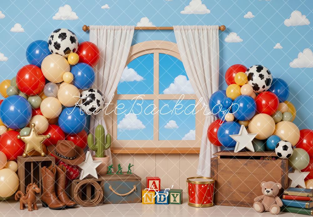 Kate Cake Smash Cowboy Toys Boots Balloons Window Blocks Printed Backdrop Designed by Mini MakeBelieve