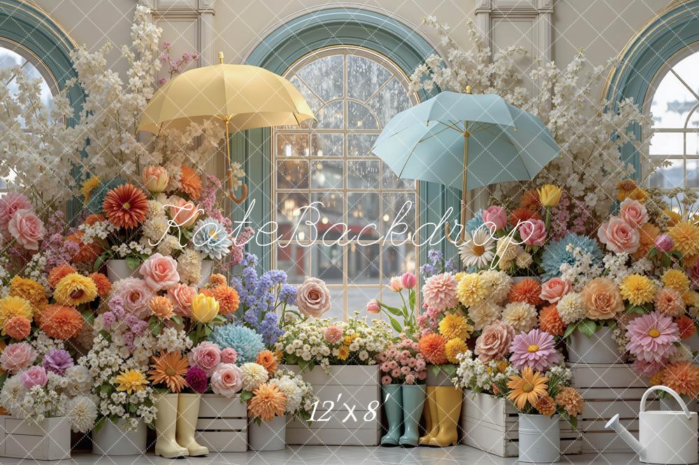 Kate Spring Flower Garden Umbrella Window Boots Printed Backdrop Designed by Mini MakeBelieve