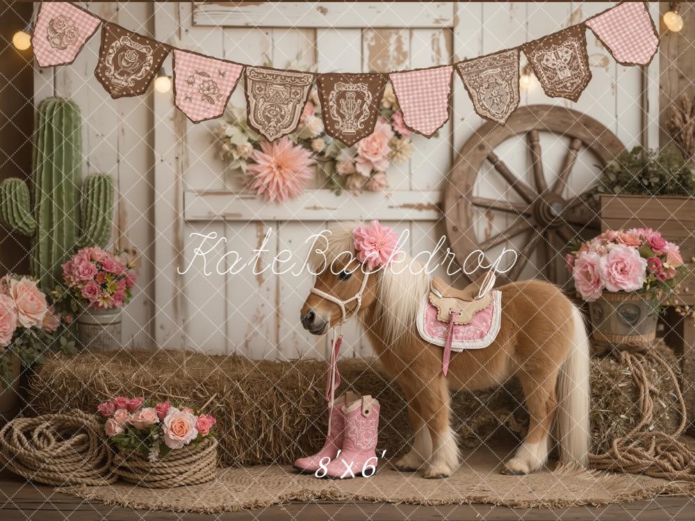 Kate Western Pony Pink Flowers Cactus Wagon Wheel Hay Bales Printed Backdrop Designed by Emetselch