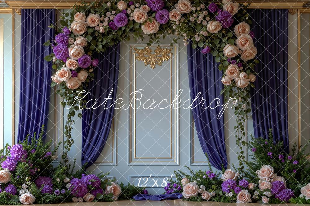Kate Flower Arch Blue Wall Purple Curtains Backdrop Designed by Mini MakeBelieve