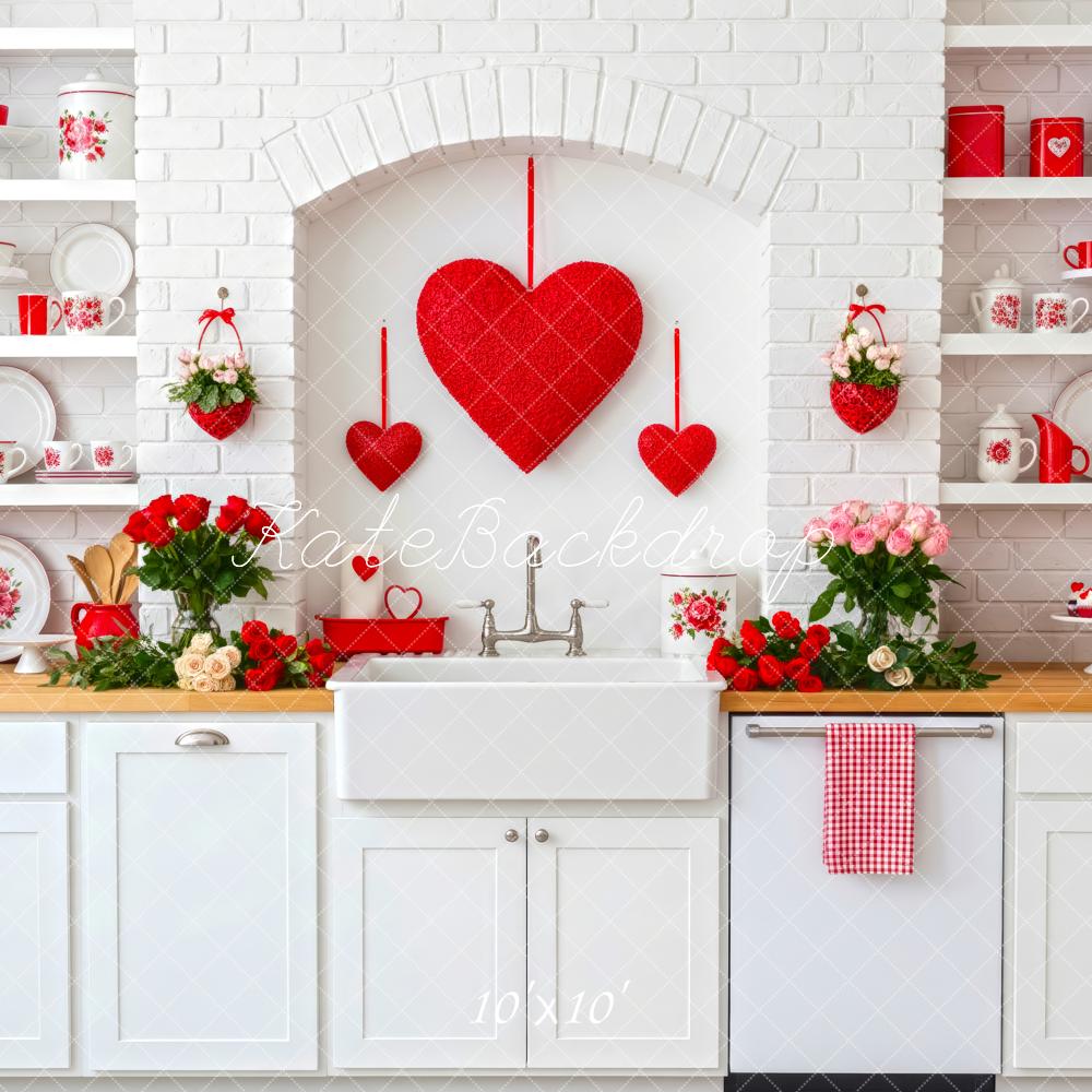 Kate Valentine's Day Red Hearts White Brick Kitchen Backdrop Designed by Patty Roberts