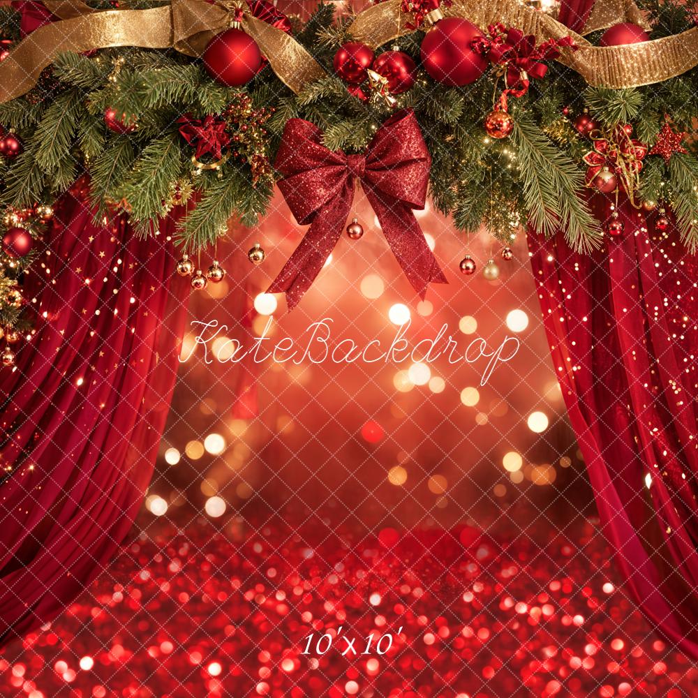 Kate Christmas Red Curtain Bokeh Garland Bow Backdrop Designed by Emetselch