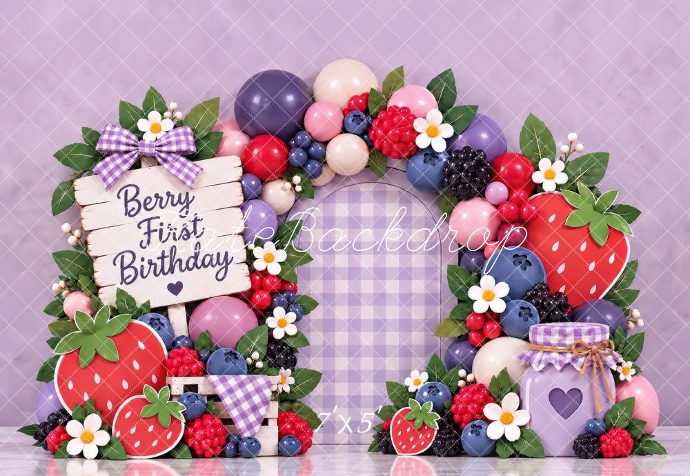 Kate First Birthday Berry Lavender Gingham Arch Printed Backdrop Designed by Laura Bybee