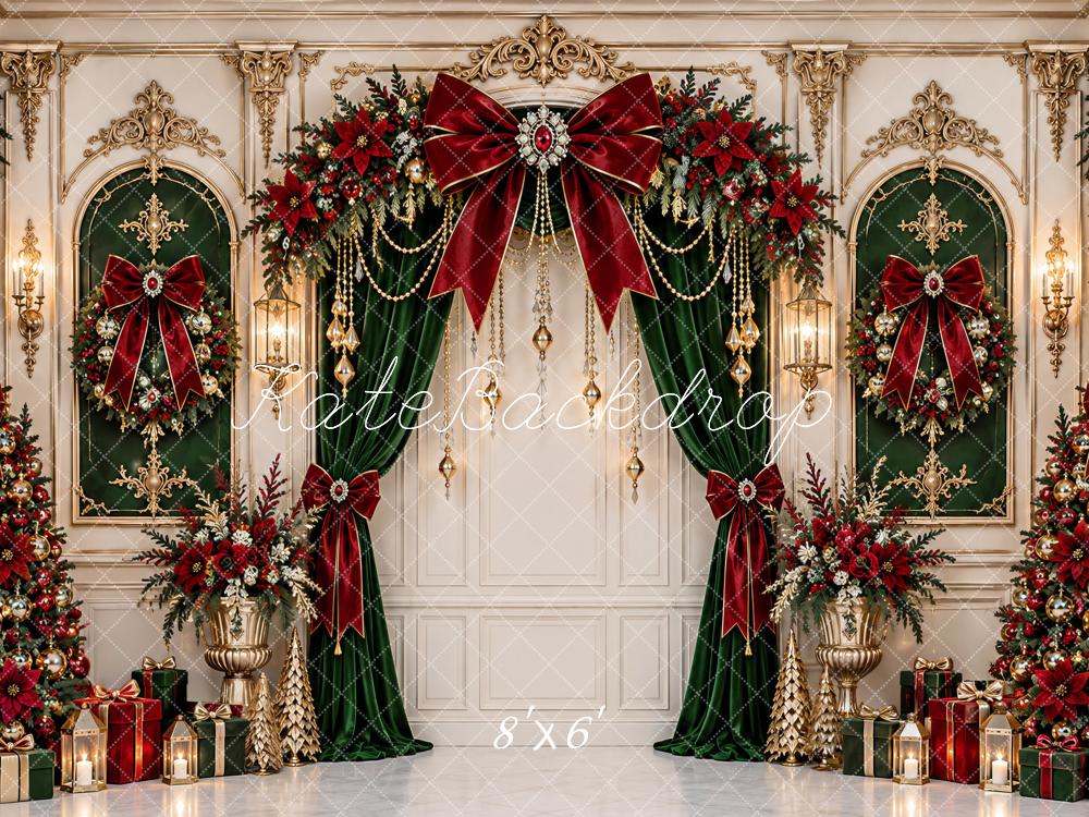 Kate Christmas Opulent Baroque Red Bow Arch Curtains Vintage Printed Backdrop Designed by Ashley Paul