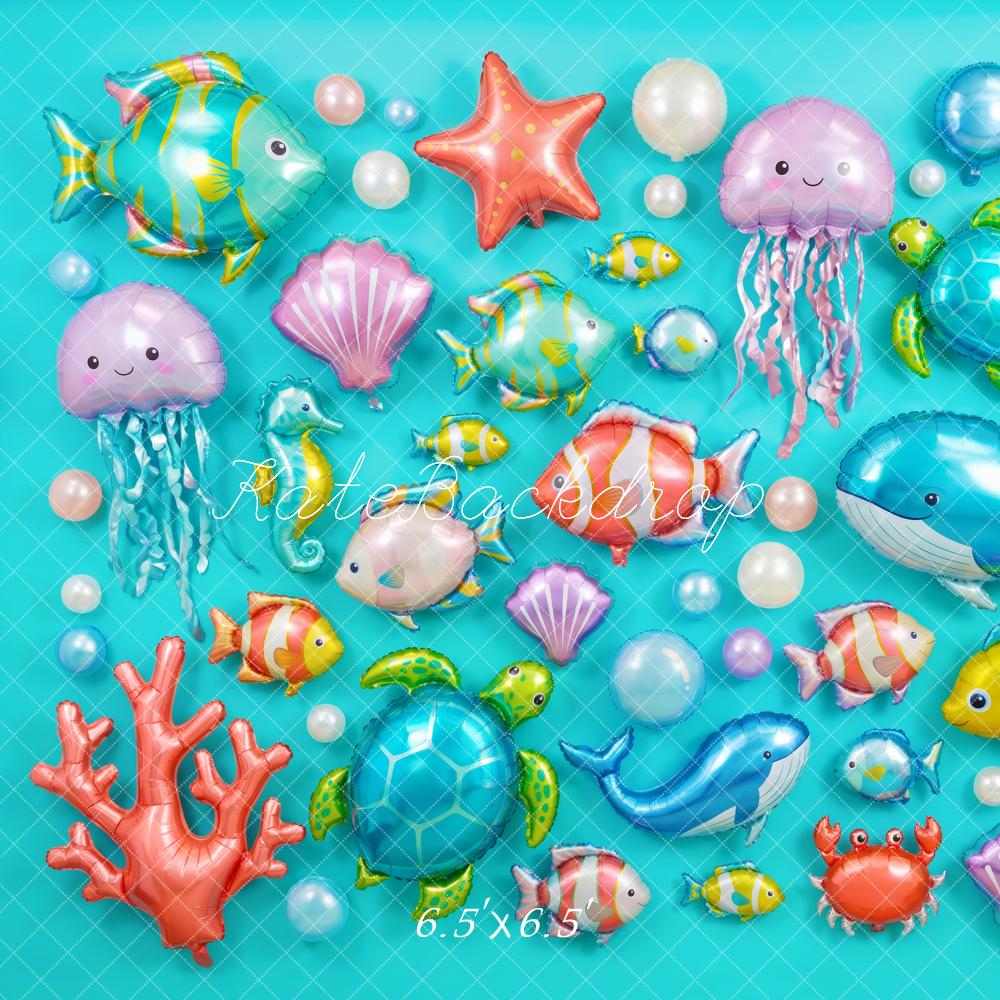 Kate Under the Sea Fish Turtle Shell Coral Balloons Blue Printed Backdrop Designed by Patty Roberts