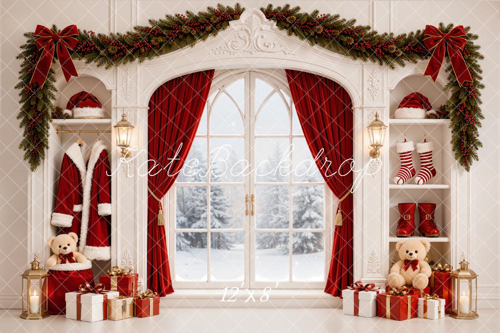 Kate Christmas Window Garland Red Curtains Gifts Built-In Cabinet Printed Backdrop Designed by Emetselch