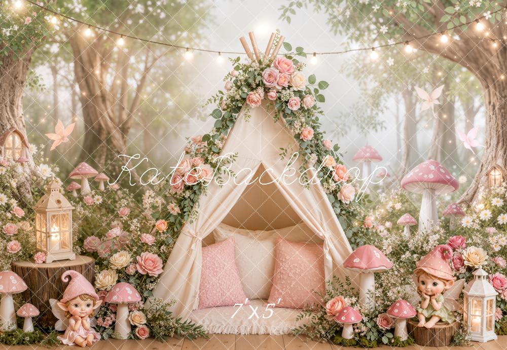 Kate Fairy Fantasy Tent Pink Mushrooms Flowers Forest Printed Backdrop Designed by Emetselch