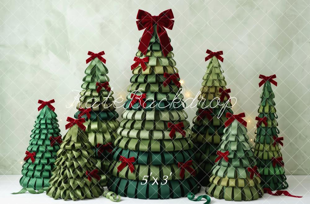 Kate Christmas Green Ribbon Trees Red Bows Printed Backdrop Designed by Patty Roberts
