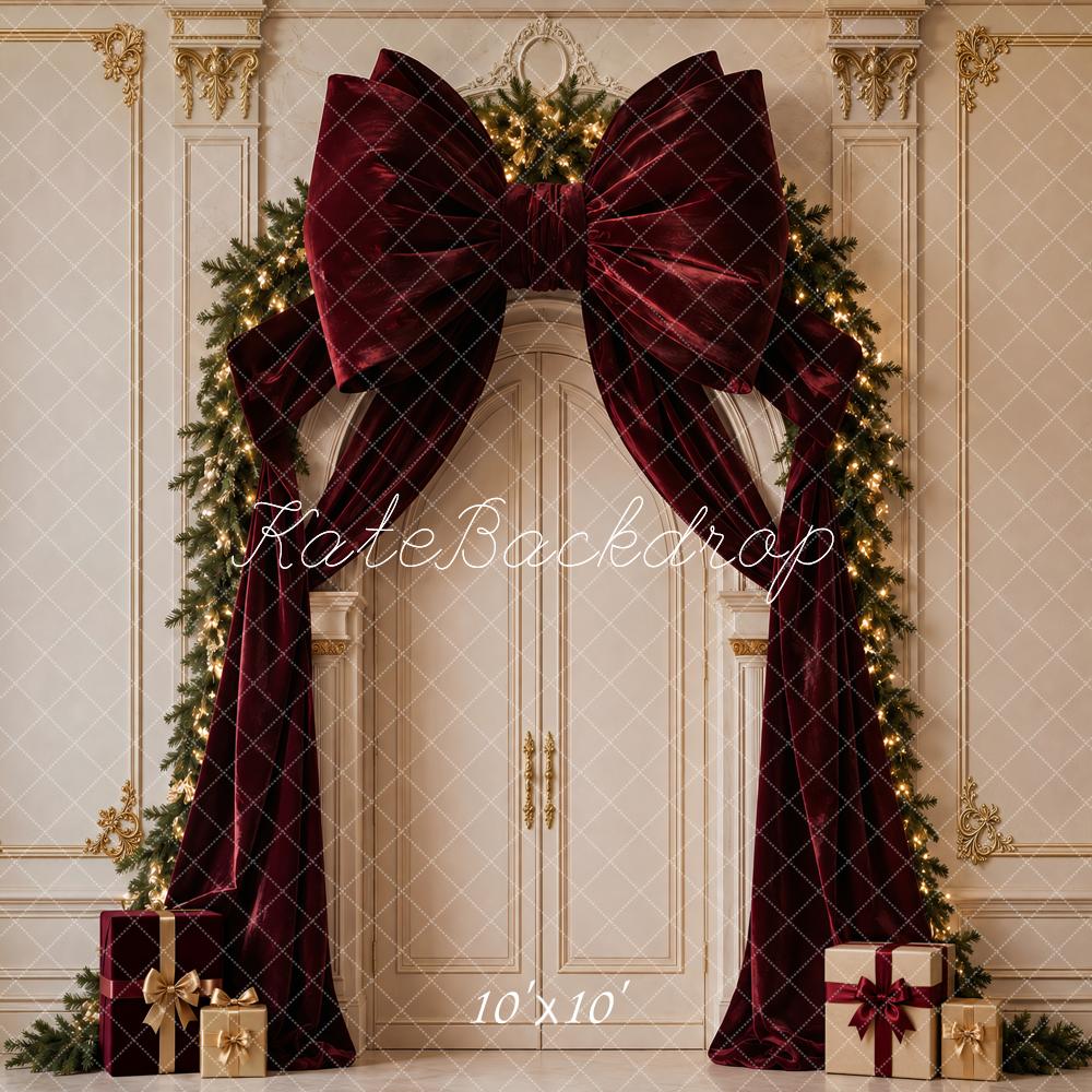 Kate Christmas Burgundy Velvet Bow Garland Arch Printed Backdrop Designed by Vertigo Productions