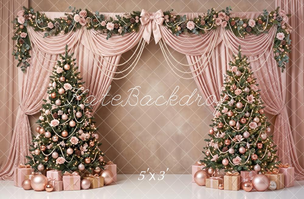 Kate Christmas Trees Pink Drapes Pearl Swags Floral Printed Backdrop Designed by Angela Miller