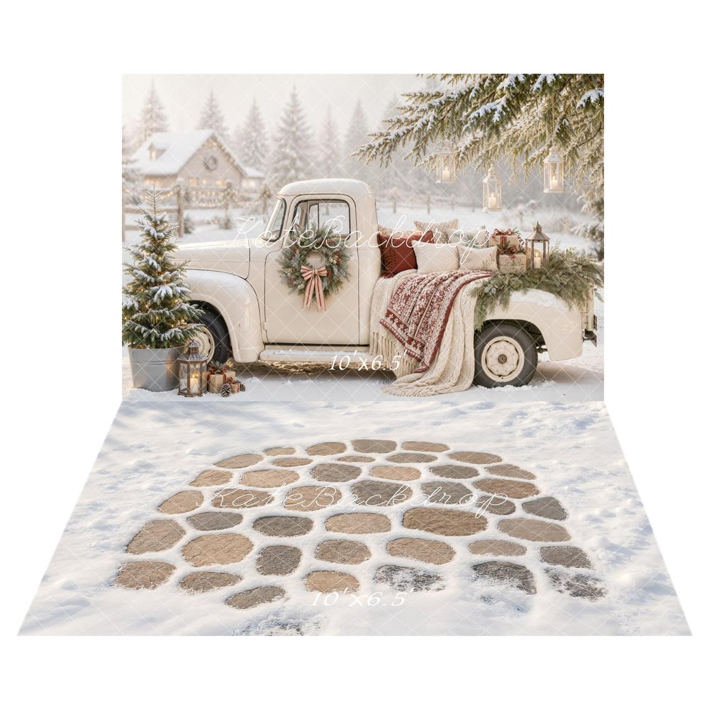 Kate Christmas Vintage Truck Snowy Cabin Printed Backdrop+Winter Snowy Cobblestone Path Floor Printed Backdrop