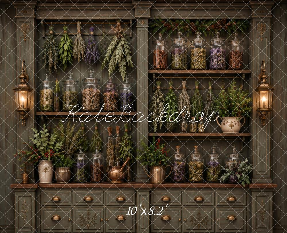 Kate Apothecary Cabinet Herbs Jars Greenery Printed Backdrop Designed by Vertigo Productions