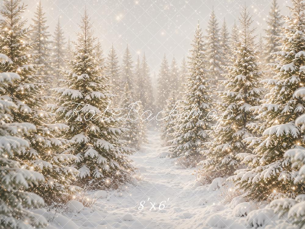 Kate Winter Snowy Pine Forest Sparkling Path Printed Backdrop Designed by Emetselch