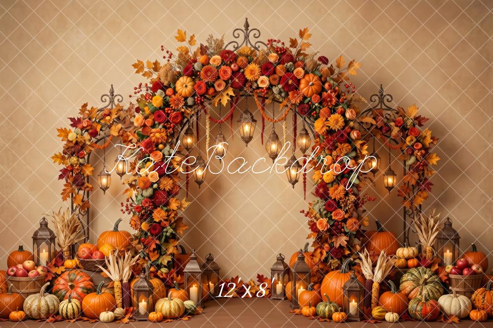 Kate Fall Flower Arch Pumpkins Hanging Lanterns Printed Backdrop Designed by Patty Roberts